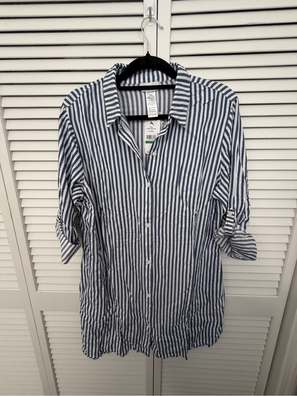 NWT Tommy Bahama Blue and White Stripe Button-Up Shirt Tunic Coverup Size L